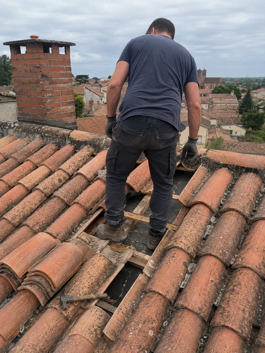 Couvreur d'Aubert Couvreur au travail sur une toiture en tuile canal près de Tarbes