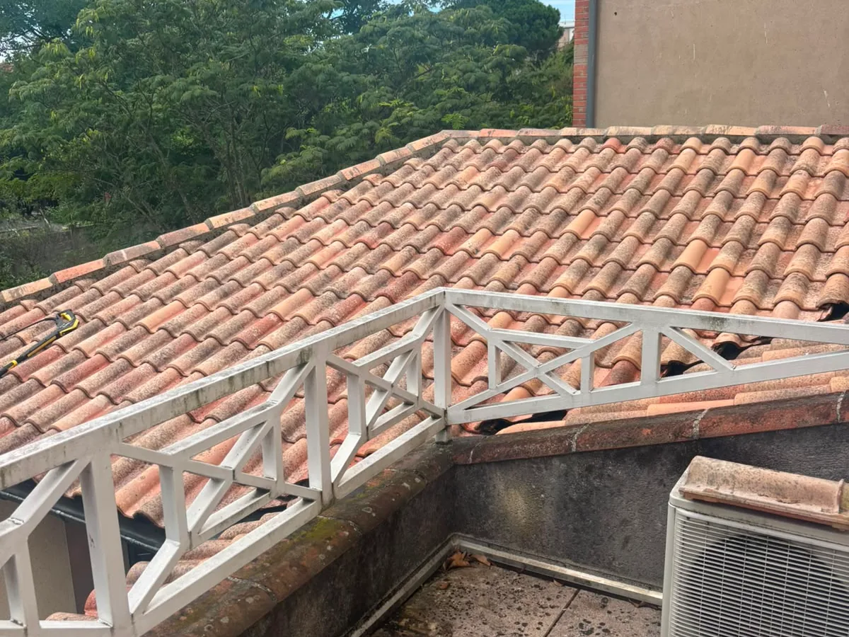 Toiture noircie par les dépôts remise à neuf après nettoyage, secteur de Tarbes